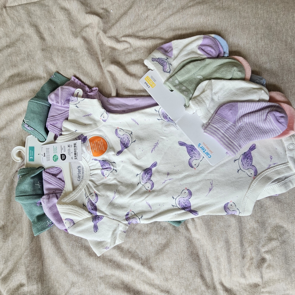 Carter's Kids One Piece - Purple Bird Print W/ Matching Socks